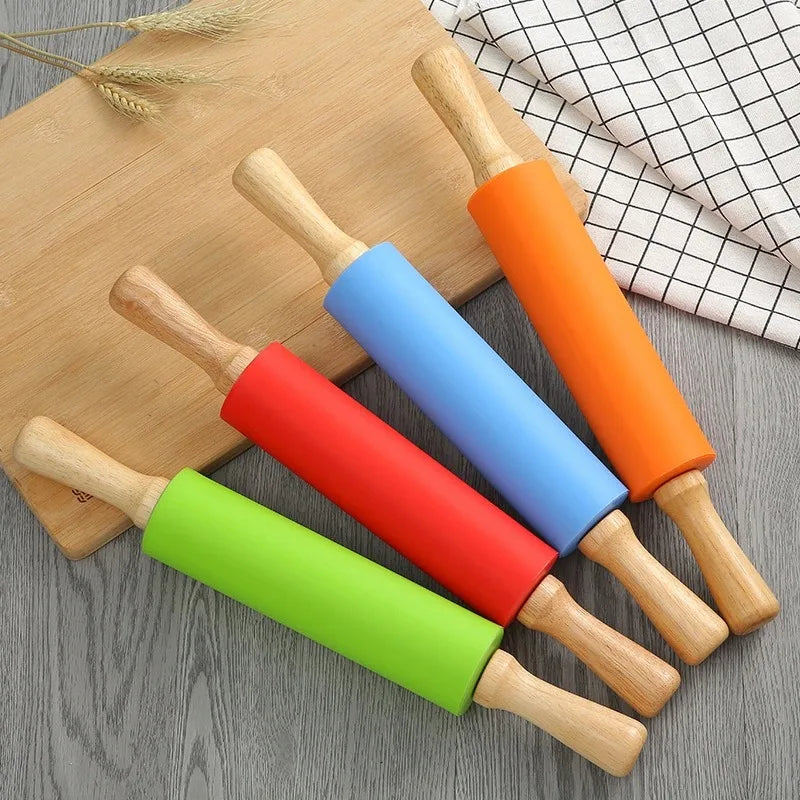 23cm Mini Silicone Rolling Pin 4 Sweet Colors Wood Handle Non-stick Dough Roller Parent Child DIY Baking Pastry Tools