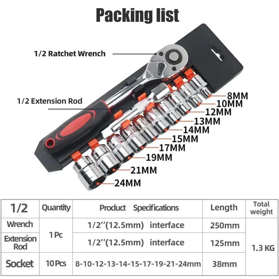 12pcs 1/2 Inch Socket Wrench Set