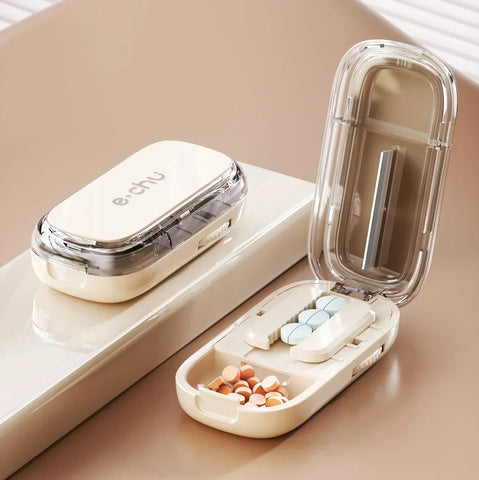 Portable Pill Cutter & Storage Box – 1/2 & 1/4 Tablet Divider, Medicine Organizer & Crusher