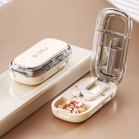 Portable Pill Cutter & Storage Box – 1/2 & 1/4 Tablet Divider, Medicine Organizer & Crusher