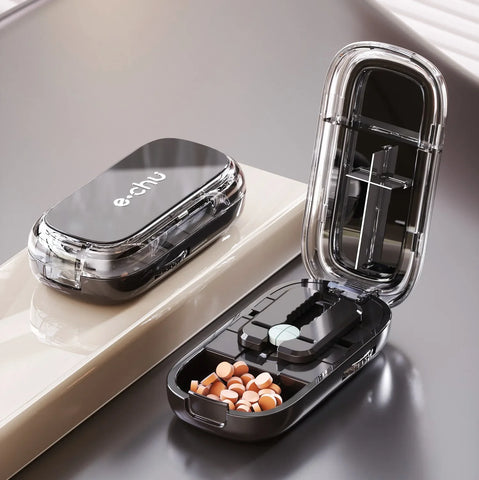 Portable Pill Cutter & Storage Box – 1/2 & 1/4 Tablet Divider, Medicine Organizer & Crusher