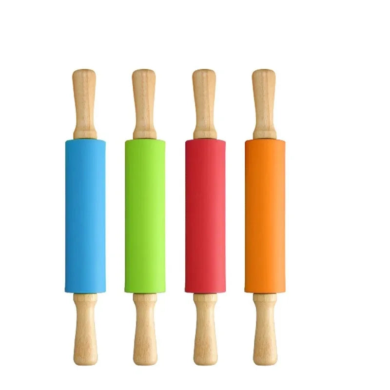 23cm Mini Silicone Rolling Pin 4 Sweet Colors Wood Handle Non-stick Dough Roller Parent Child DIY Baking Pastry Tools