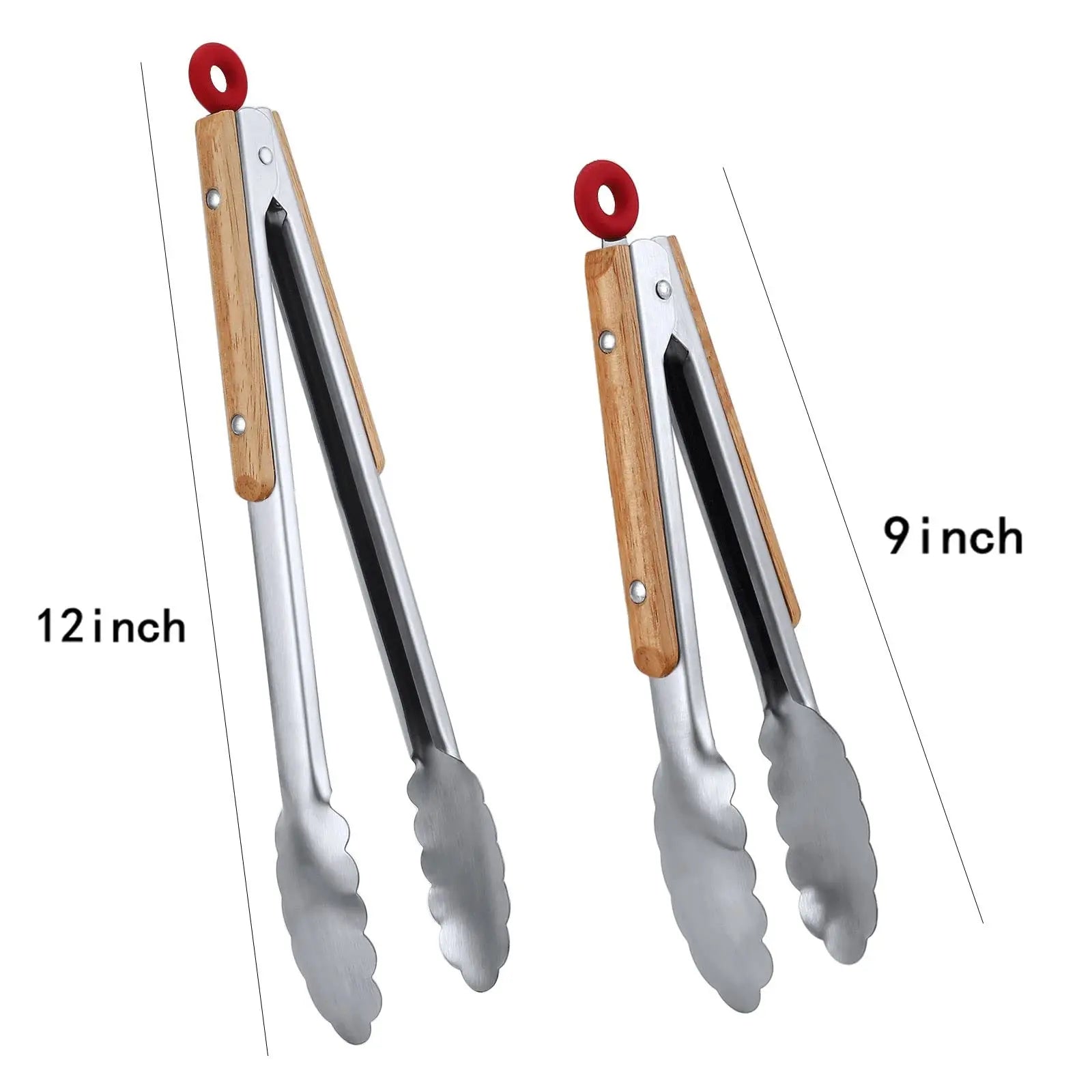 Leeseph Stainless Steel Kitchen Tongs 9" and 12", Locking Metal Food Tongs with Wooden Grips, Barbecue Tongs for Pans and BBQ - Improve Center