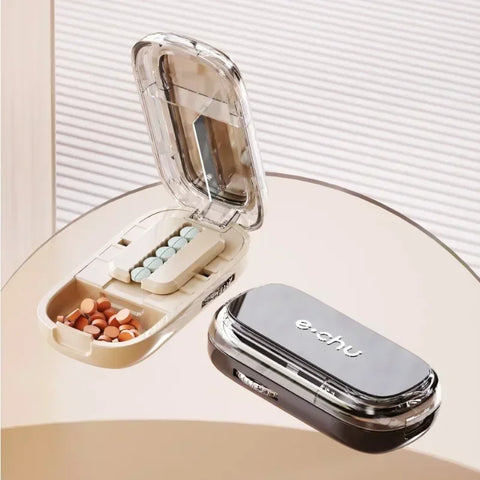 Portable Pill Cutter & Storage Box – 1/2 & 1/4 Tablet Divider, Medicine Organizer & Crusher